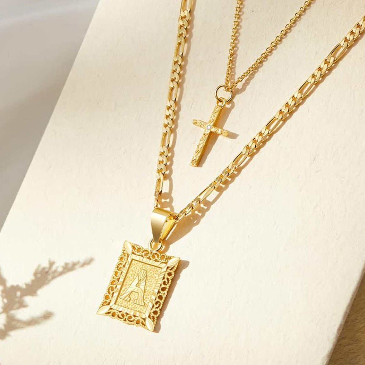 14k Initial Necklace + FREE Cross Necklace