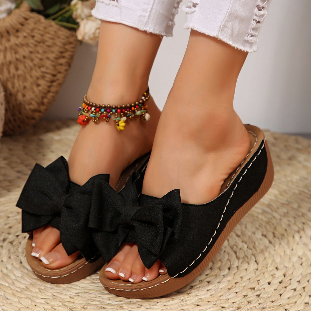 Liora Bow Platform Wedge Slide Sandals