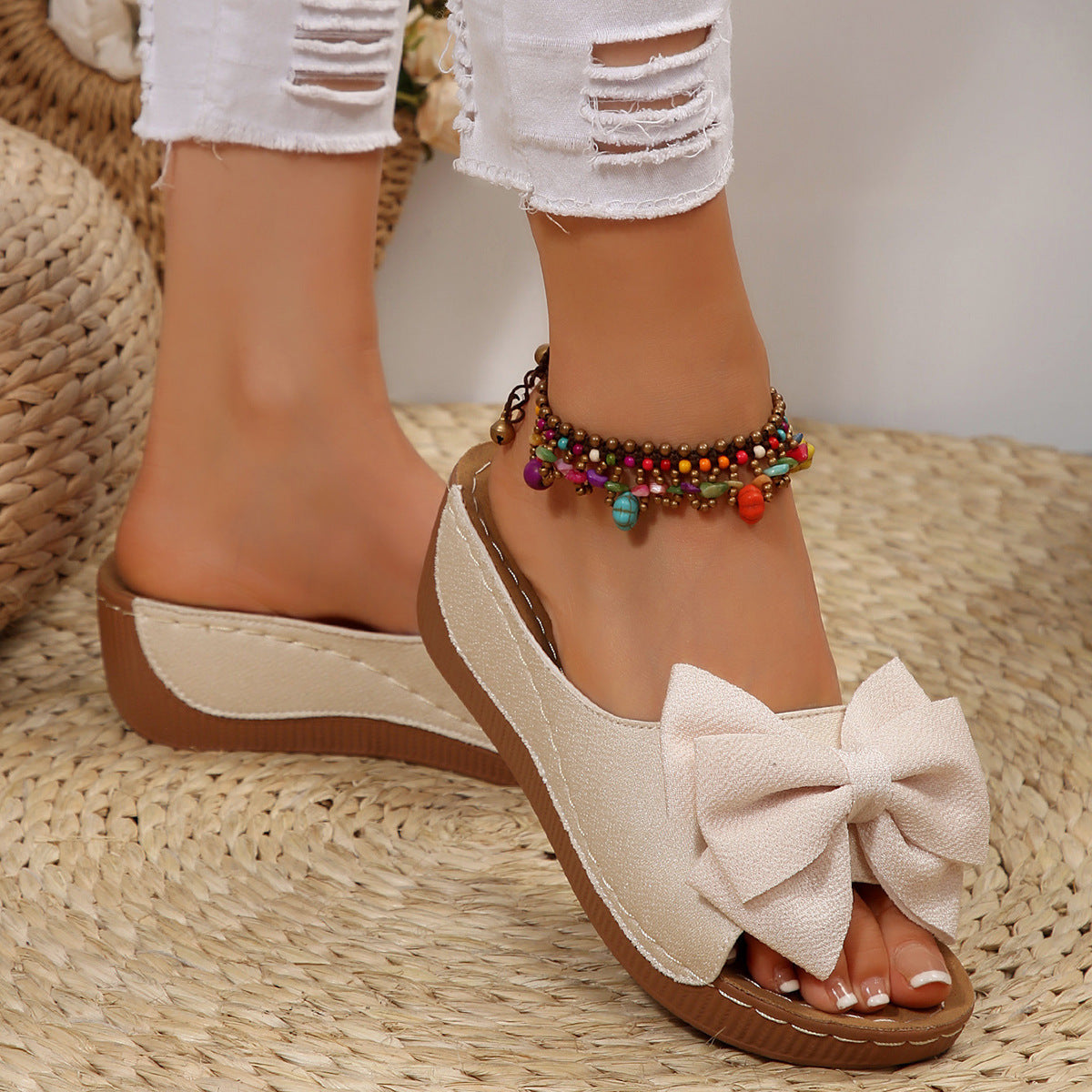 Liora Bow Platform Wedge Slide Sandals