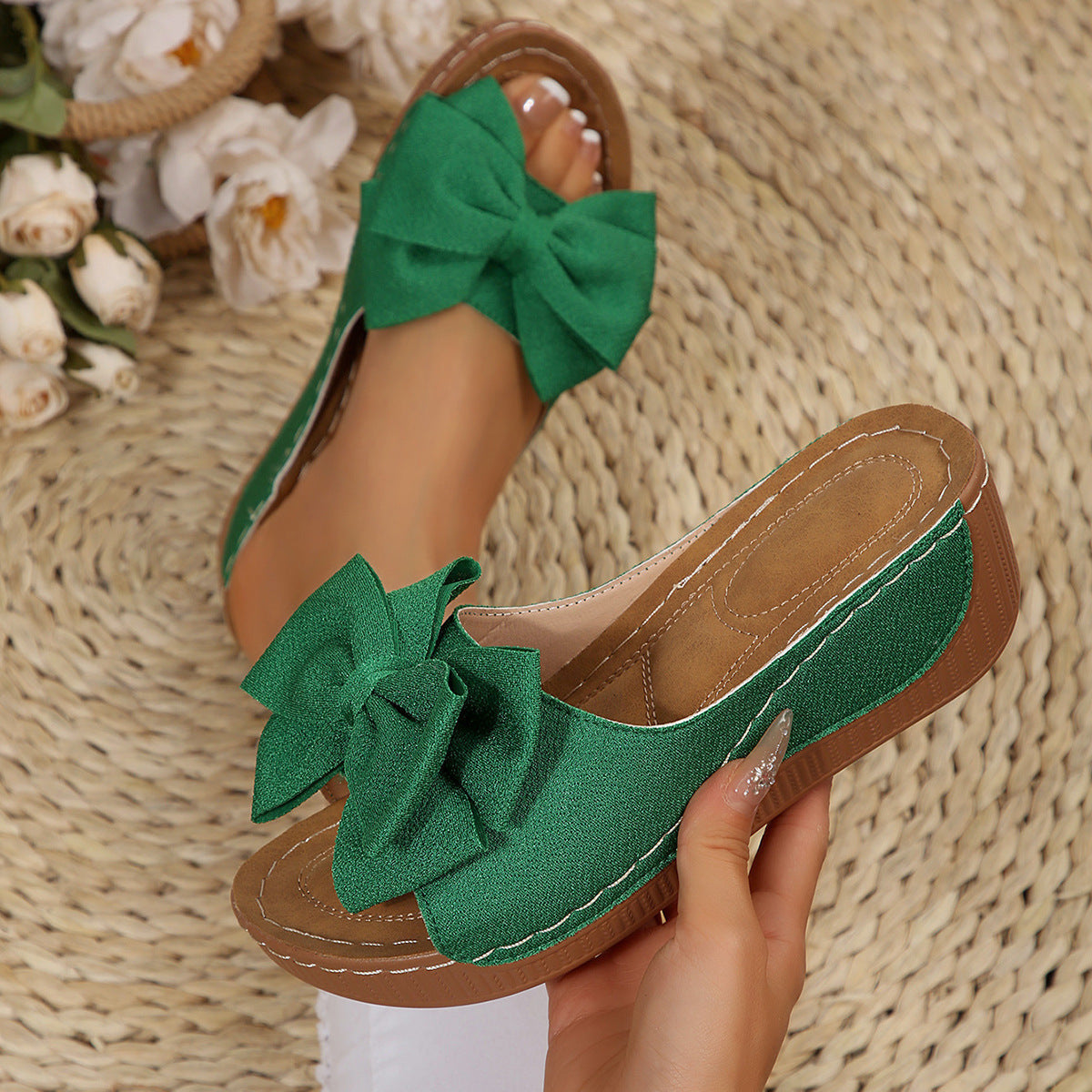 Liora Bow Platform Wedge Slide Sandals