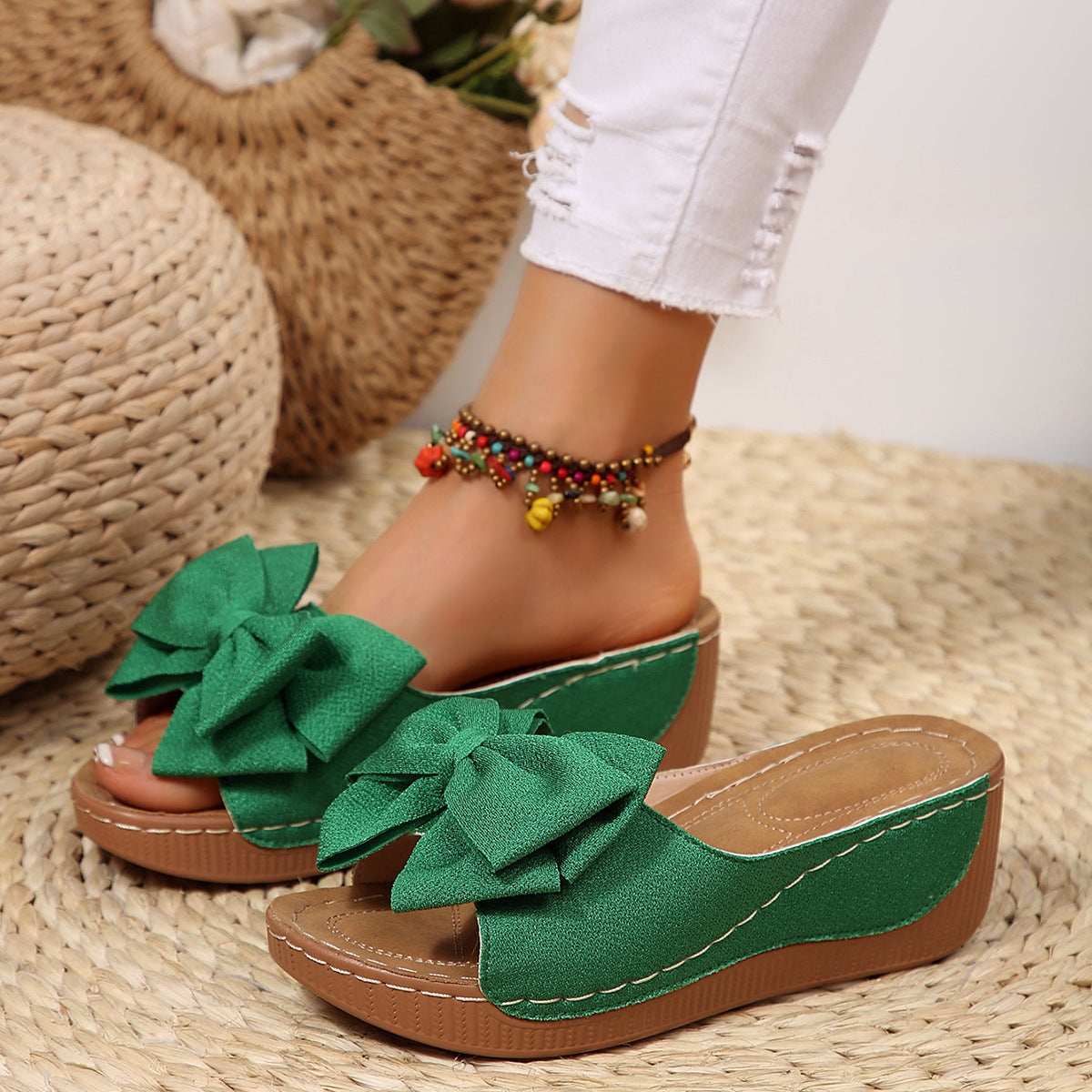 Liora Bow Platform Wedge Slide Sandals