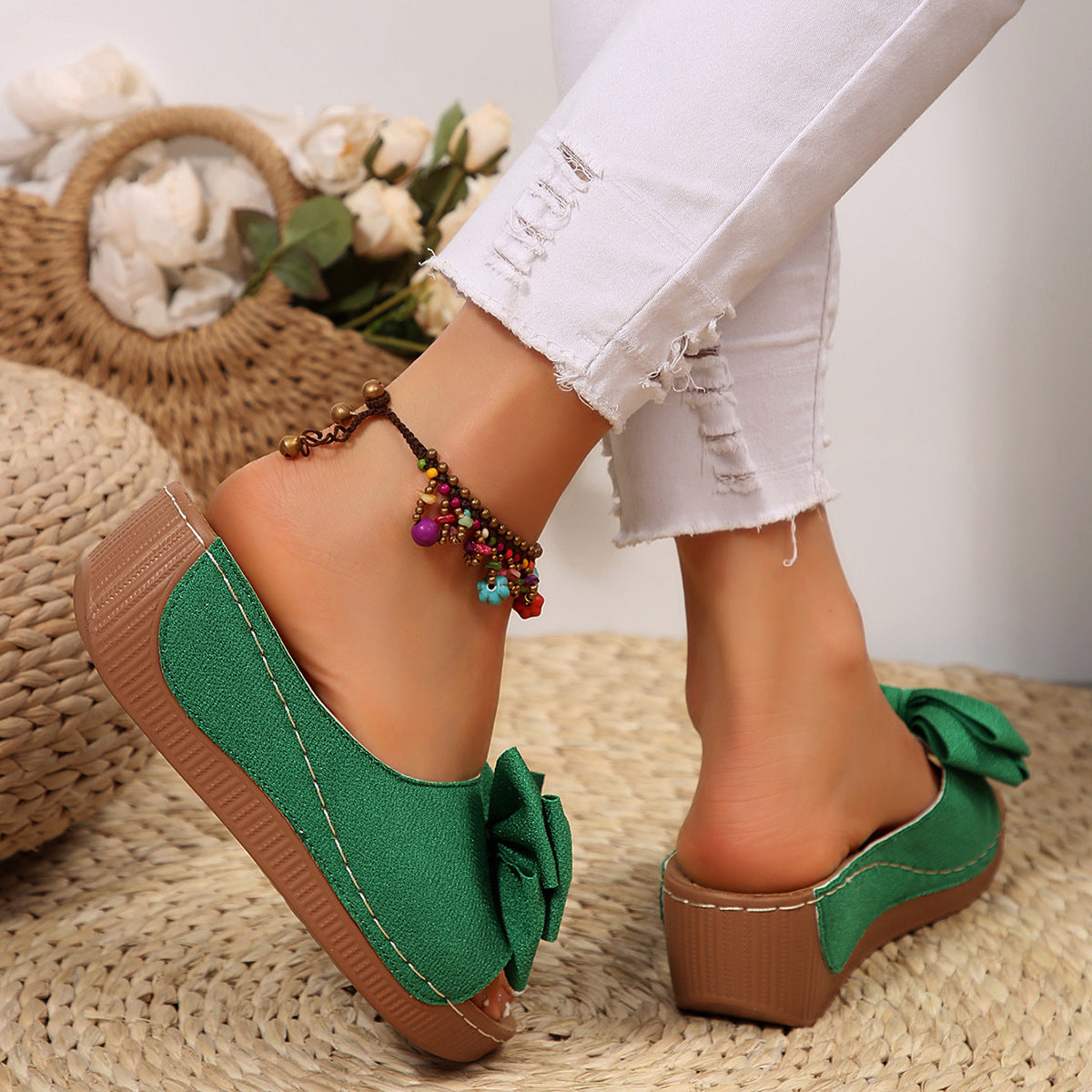 Liora Bow Platform Wedge Slide Sandals