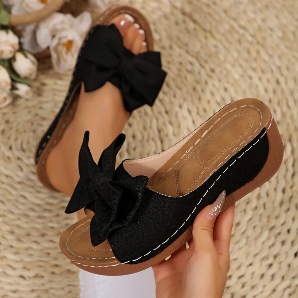 Liora Bow Platform Wedge Slide Sandals