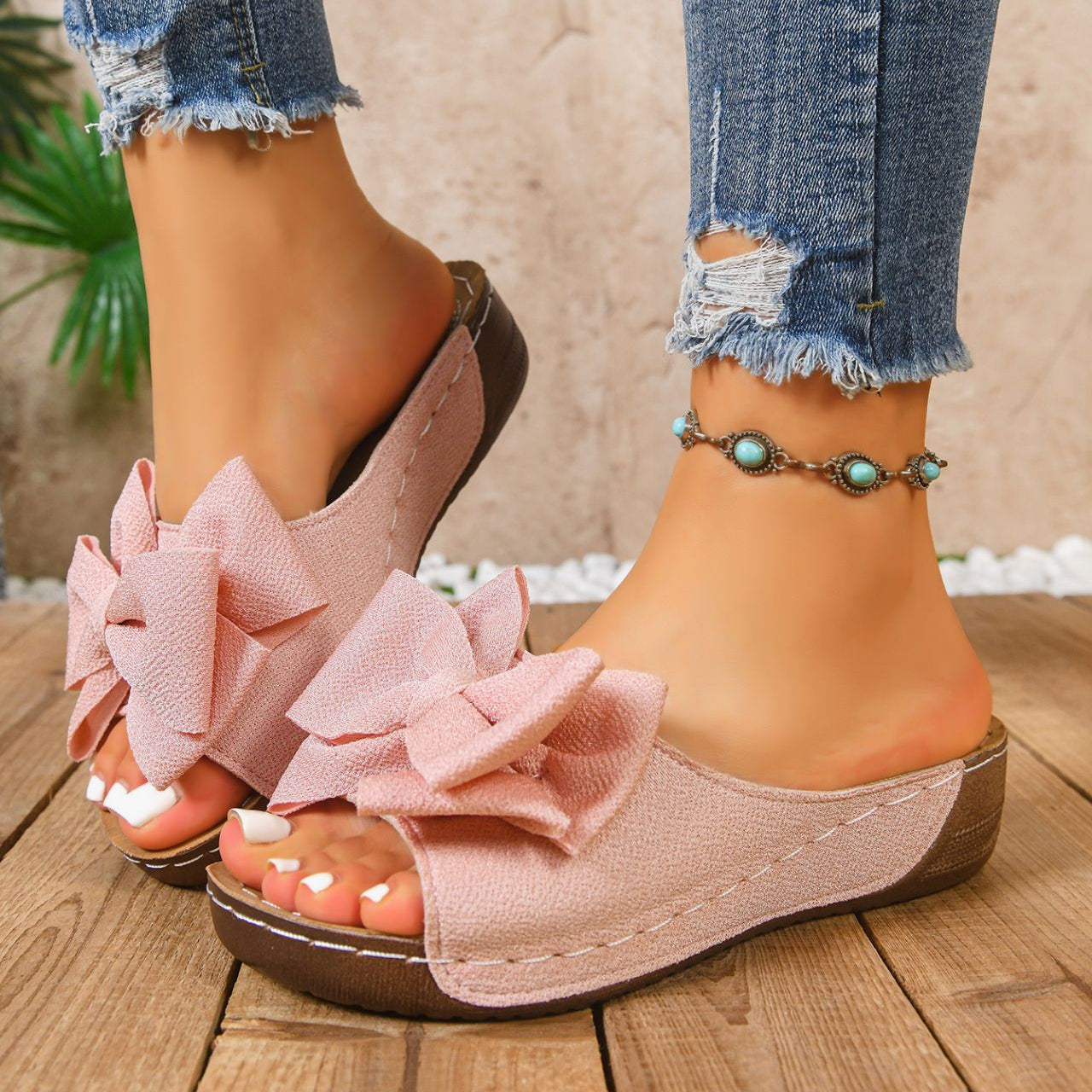 Liora Bow Platform Wedge Slide Sandals