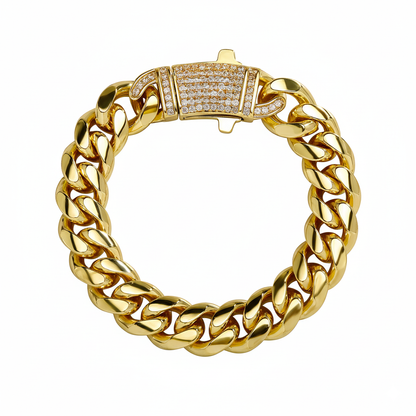 14k Chunky Diamond Accented Clasp Cuban Link Bracelet